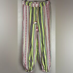 Anthropologie Boho Embroidered Striped Neon Pull On Jogger Pants XS White 1259
